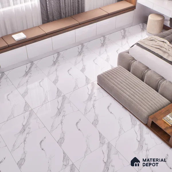 Marble Statuario Wall & Floor Tile TL 01017 Pure White 4 ft x 2 ft Glossy Finish Vitrified Tile - 9 mm | Suitable For Living Room, Bedroom, Dining