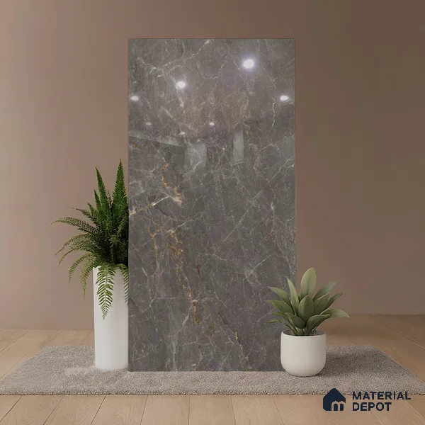 Marble Tundra Grey Wall & Floor Tile TL 01020 Slate Grey 4 ft x 2 ft Glossy Finish Vitrified Tile - 9 mm | Random Designs | Suitable For Living Room, Bedroom, Dining