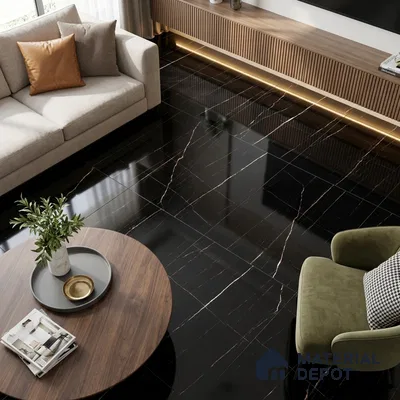 Marble Saint Laurent Wall & Floor Tile TL 01031 Jet Black 4 ft x 2 ft Glossy Finish Vitrified Tile - 9 mm | Suitable For Living Room, Bedroom, Dining