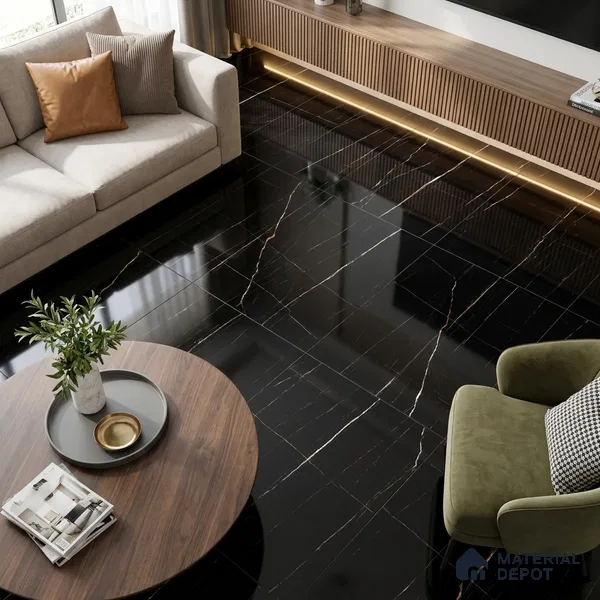 Marble Saint Laurent Wall & Floor Tile TL 01031 Jet Black 4 ft x 2 ft Glossy Finish Vitrified Tile - 9 mm | Suitable For Living Room, Bedroom, Dining
