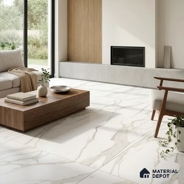 Marble Calacatta Wall & Floor Tile TL 01072 Off-White 4 ft x 2 ft Matte Finish Vitrified Tile - 9 mm | Suitable For Living Room, Bedroom, Kitchen