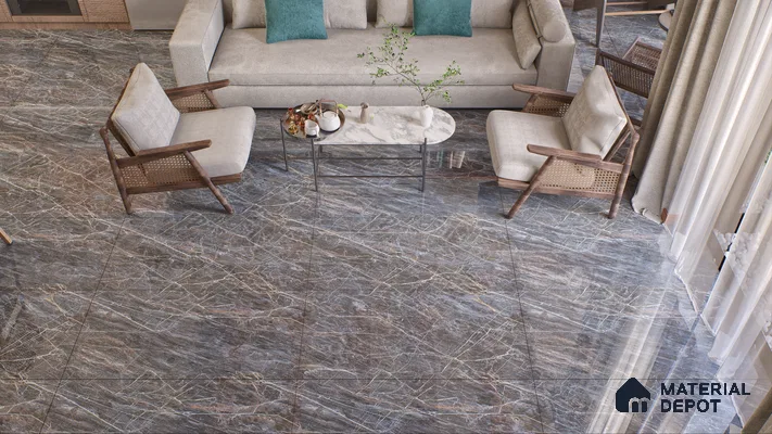 Marble Bardiglio Wall & Floor Tile TL 01090 Charcoal Grey 4 ft x 2 ft Glossy Finish Vitrified Tile - 9 mm | Suitable For Living Room, Bedroom, Dining