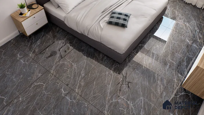 Marble Bardiglio Wall & Floor Tile TL 01090 Charcoal Grey 4 ft x 2 ft Glossy Finish Vitrified Tile - 9 mm | Suitable For Living Room, Bedroom, Dining