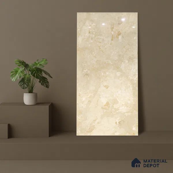 Marble Crema Marfil Wall & Floor Tile TL 01095 Wheat Beige 4 ft x 2 ft Glossy Finish Vitrified Tile - 9 mm | 3 Random Designs | Suitable For Living Room, Bedroom, Dining
