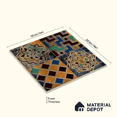 Moroccan Wall Tile TL 01452 A Piazza Bosco Decor 1 ft x 1 ft Ceramic Glazed Matte Finish Tile - 9 mm | Suitable for Bathroom, Kitchen, Foyer | Please Expect a Slight Variation of Pattern
