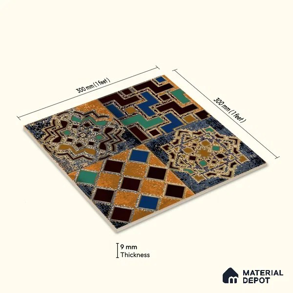 Moroccan Wall Tile TL 01452 A Piazza Bosco Decor 1 ft x 1 ft Ceramic Glazed Matte Finish Tile - 9 mm | Suitable for Bathroom, Kitchen, Foyer | Please Expect a Slight Variation of Pattern