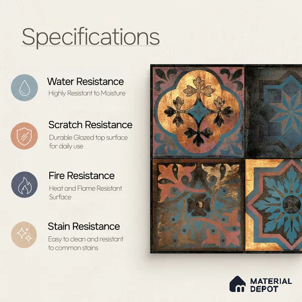 Moroccan Wall Tile TL 01453 B Piazza Elis Decor 1 ft x 1 ft Ceramic Glossy Finish Tile - 9 mm | Suitable for Bathroom, Kitchen, Balcony | Please Expect a Slight Variation of Pattern