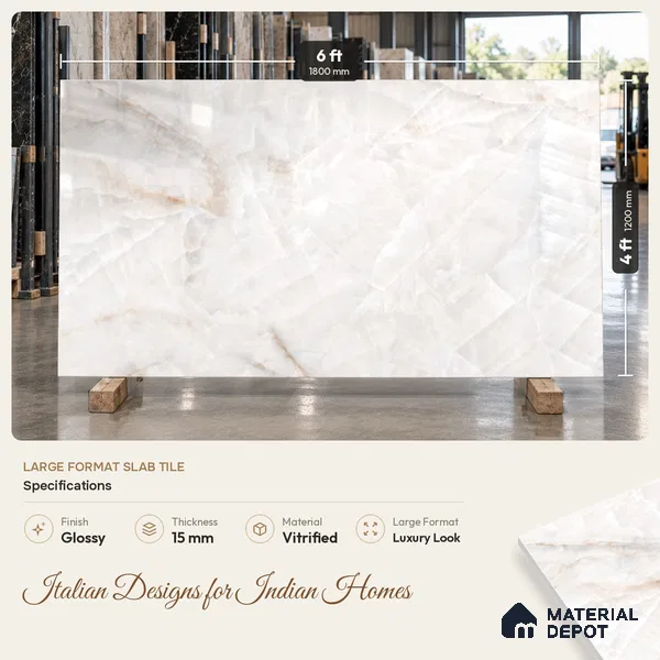 Marble Onyx Floor Tile TL 01463 B White 6 ft x 4 ft Glossy Finish Vitrified Tile - 15 mm | Suitable For Living Room, Bedroom, Bathroom