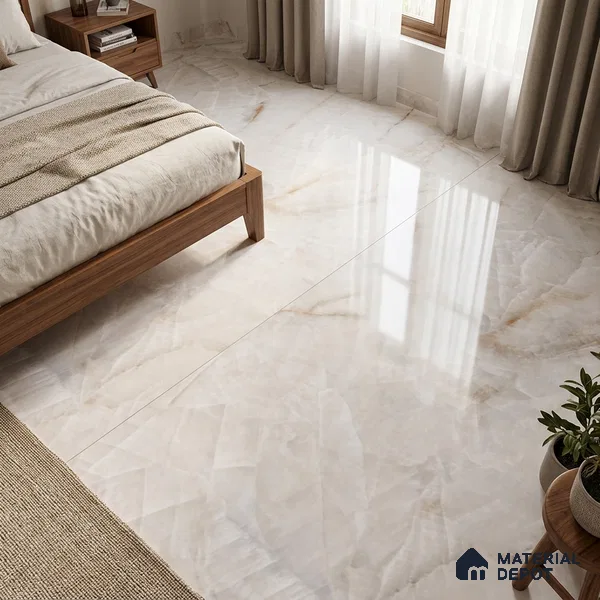 Marble Onyx Floor Tile TL 01463 B White 6 ft x 4 ft Glossy Finish Vitrified Tile - 15 mm | Suitable For Living Room, Bedroom, Bathroom