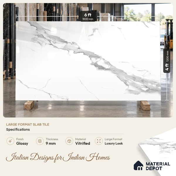 Budget Friendly Large Format Marble Floor & Wall Tile TL 01476 Amber Statuario 6 ft x 4 ft Glossy Finish Vitrified Tile - 9 mm | Suitable For Living Room, Bedroom, Office | Adhesive and Spacers Must be Used During Installation