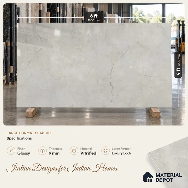 Large Format Marble Floor & Wall Tile TL 01478 Montana Steel 6 ft x 4 ft Glossy Finish Vitrified Tile - 9 mm | Suitable For Living Room, Bedroom, Office | Adhesive and Spacers Must be Used During Installation