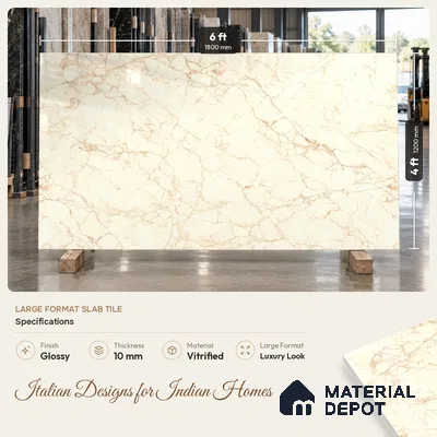 Large Format Marble Floor & Wall Tile TL 01480 A Tulip Crema 6 ft x 4 ft Glossy Finish Vitrified Tile - 9 mm | Suitable For Living Room, Bedroom, Office | Adhesive and Spacers Must be Used During Installation