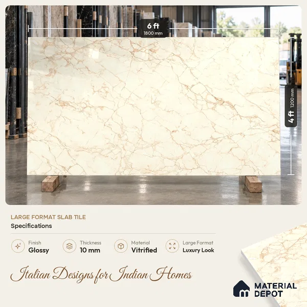 Large Format Marble Floor & Wall Tile TL 01480 A Tulip Crema 6 ft x 4 ft Glossy Finish Vitrified Tile - 9 mm | Suitable For Living Room, Bedroom, Office | Adhesive and Spacers Must be Used During Installation
