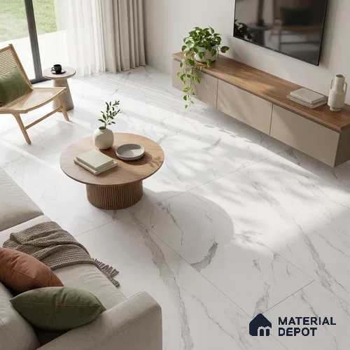 Marble Statuario Wall & Floor Tile TL 01511 Pure White 4 ft x 2 ft Matte Finish Vitrified Tile - 9 mm | Suitable For Living Room, Bedroom, Kitchen