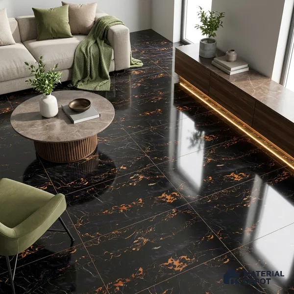 Marble Portoro Wall & Floor Tile TL 02181 Onyx Black 4 ft x 2 ft High Gloss Finish Vitrified Tile - 9 mm | 5 Random Designs | Suitable For Living Room, Bedroom, Dining