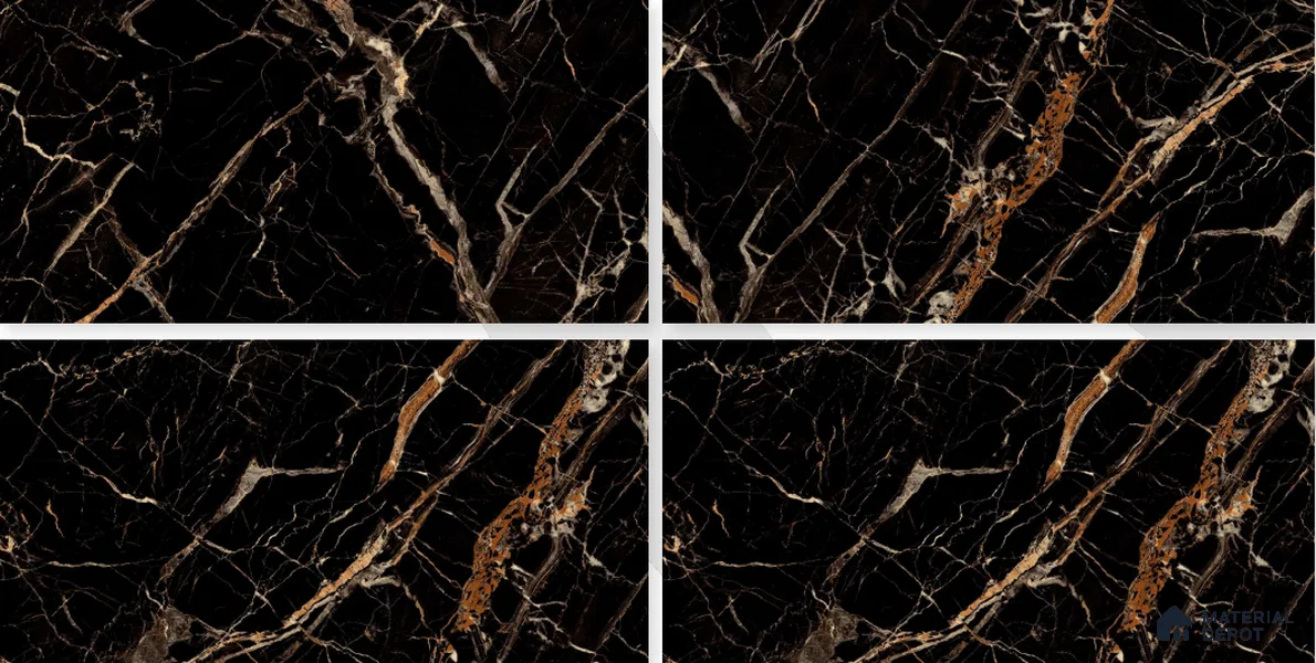 Marble Portoro Wall & Floor Tile TL 02182 Jet Black 4 ft x 2 ft High Gloss Finish Vitrified Tile - 9 mm | 3 Random Designs | Suitable For Living Room, Bedroom, Dining