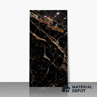 Marble Portoro Wall & Floor Tile TL 02182 Jet Black 4 ft x 2 ft High Gloss Finish Vitrified Tile - 9 mm | 3 Random Designs | Suitable For Living Room, Bedroom, Dining