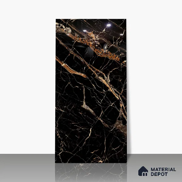 Marble Portoro Wall & Floor Tile TL 02182 Jet Black 4 ft x 2 ft High Gloss Finish Vitrified Tile - 9 mm | 3 Random Designs | Suitable For Living Room, Bedroom, Dining