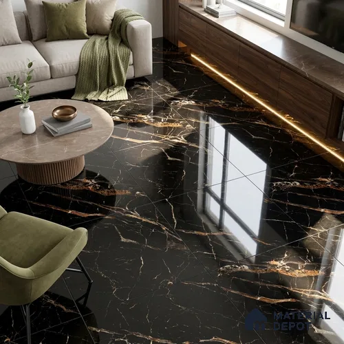 Marble Portoro Wall & Floor Tile TL 02182 Jet Black 4 ft x 2 ft High Gloss Finish Vitrified Tile - 9 mm | 3 Random Designs | Suitable For Living Room, Bedroom, Dining