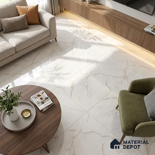 Marble Calacatta Wall & Floor Tile TL 02190 Ivory Beige 4 ft x 2 ft Glossy Finish Vitrified Tile - 9 mm | Suitable For Living Room, Bedroom, Dining