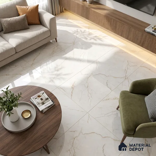 Marble Calacatta Wall & Floor Tile TL 02190 Ivory Beige 4 ft x 2 ft Glossy Finish Vitrified Tile - 9 mm | Suitable For Living Room, Bedroom, Dining