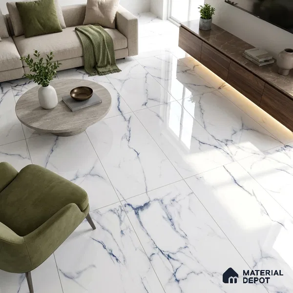 Marble Statuario Wall & Floor Tile TL 02201 Cool White 4 ft x 2 ft Glossy Finish Vitrified Tile - 9 mm | Suitable For Living Room, Bedroom, Dining