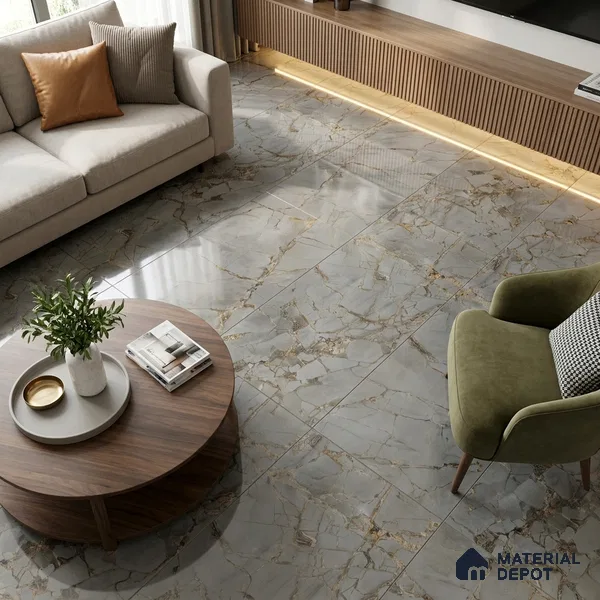 Marble Fior di Bosco Wall & Floor Tile TL 02208 Stone Grey 4 ft x 2 ft Glossy Finish Vitrified Tile - 9 mm | 3 Random Designs | Suitable For Living Room, Bedroom, Dining