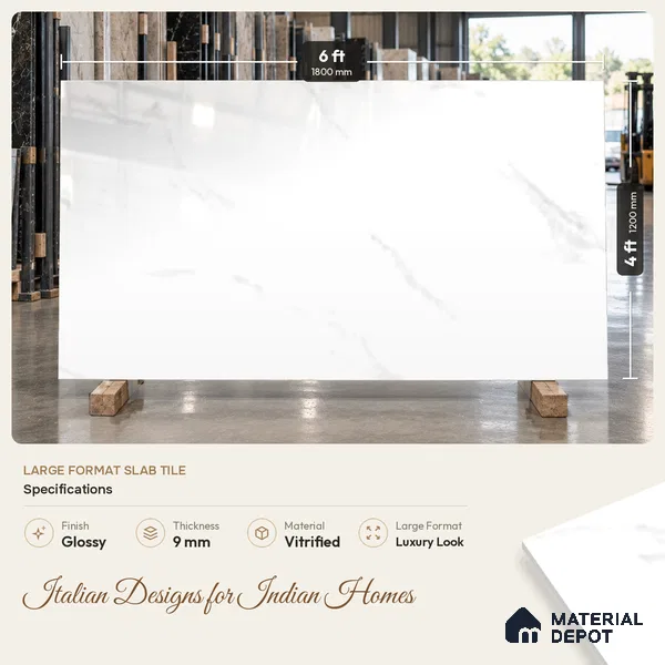 TL 02237 Gloster White 1800x1200 mm Glossy Finish Vitrified Large Format Wall & Floor Tile - 9 mm | Adhesive and Spacers Must be Used During Installation