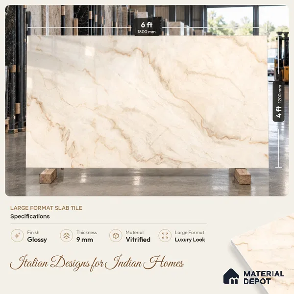 Marble Floor Tile TL 02254 Cream 6 ft x 4 ft Glossy Finish Vitrified Tile - 15 mm | Suitable For Living Room, Bedroom, Bathroom