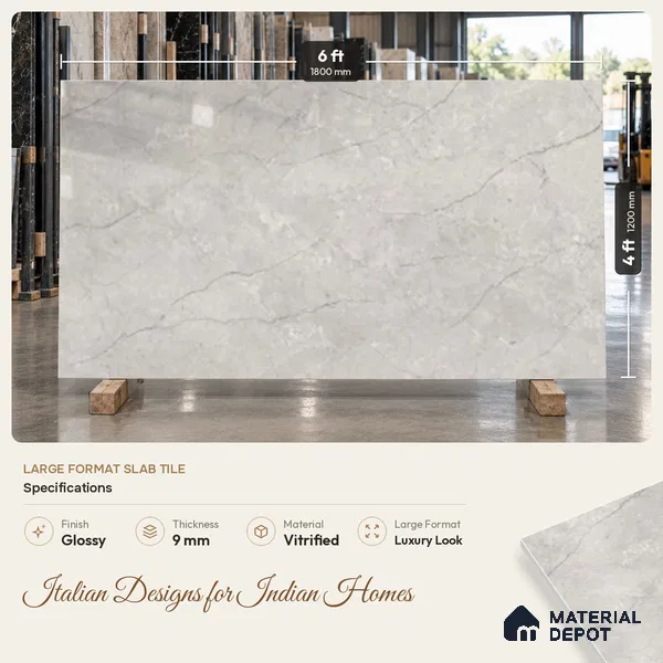 TL 02266 Lead Grey 6 ft x 4 ft Glossy Finish Endless Vitrified Wall & Floor Tile - 9 mm | Adhesive and Spacers Must be Used During Installation