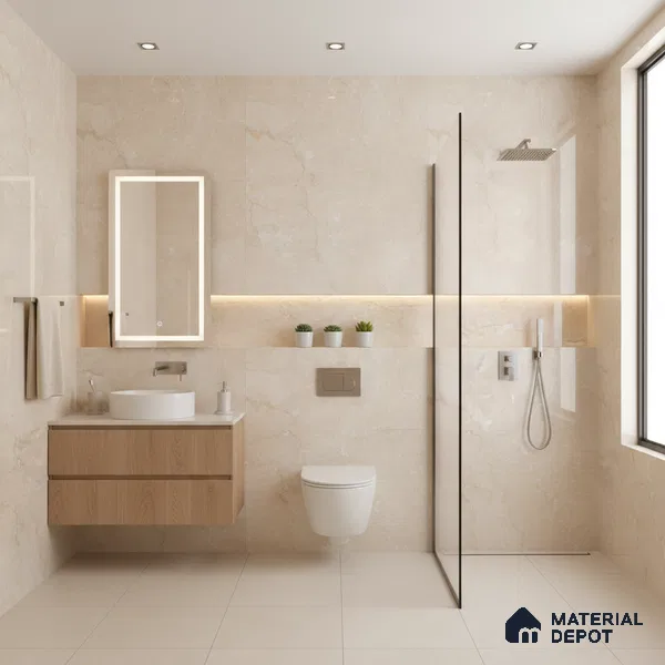 Marble Wall & Floor Tile | TL 02571 Botticino Tortilla 4 ft x 2 ft Glossy Finish Random Design Vitrified Tile - 9 mm | Suitable For Living Room, Bedroom, Kitchen (Sample)