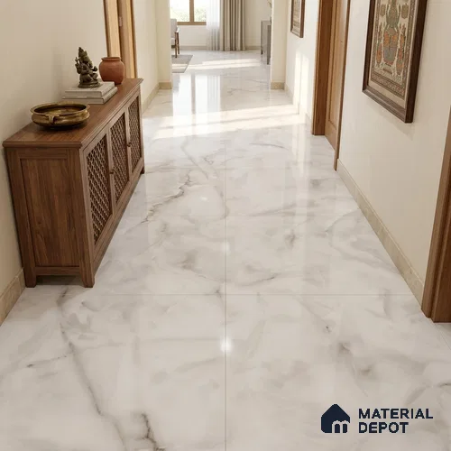 Marble Carrara Wall & Floor Tile TL 02947 Off-White 6 ft x 4 ft Glossy Finish Vitrified Tile - 9 mm | Suitable For Living Room, Bedroom, Bathroom | Adhesive and Spacers Must be Used During Installation