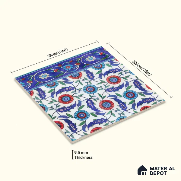 Moroccan Carpet Floor Tile TL 03046 B Border 1 ft x 1 ft Matte Finish Digital Ceramic Tile - 9.5 mm | Suitable For Living Room, Kitchen, Dining Area | Please Expect a Slight Variation of Pattern