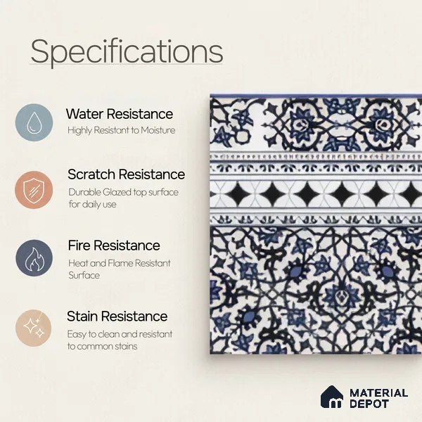 Moroccan Carpet Floor Tile TL 03047 B Border 1 ft x 1 ft Matte Finish Digital Ceramic Tile - 9.5 mm | Suitable For Living Room, Kitchen, Dining Area | Please Expect a Slight Variation of Pattern
