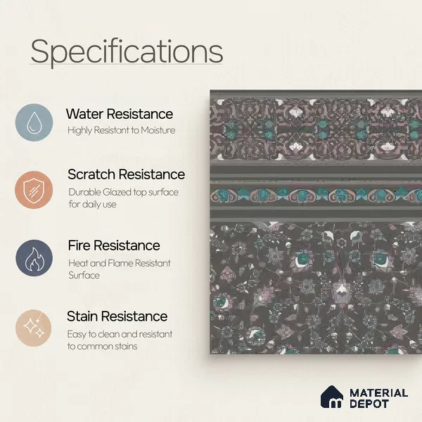 Moroccan Carpet Floor Tile TL 03081 B Border 1 ft x 1 ft Matte Finish Digital Ceramic Tile - 9.5 mm | Suitable For Living Room, Kitchen, Dining Area | Please Expect a Slight Variation of Pattern