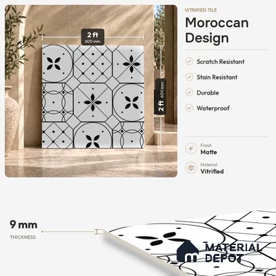 Moroccan Floor & Wall Tile TL 03325 Cromatic Monochrome 2 ft x 2 ft Carving Matte Finish Vitrified Tile - 9 mm (2 Random) | Please Expect a Slight Variation of Pattern | Suitable For Kitchen, Balcony, Dining Area