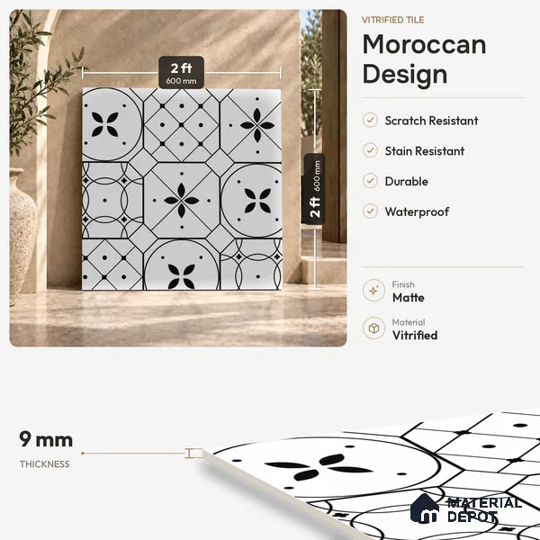 Moroccan Floor & Wall Tile TL 03325 Cromatic Monochrome 2 ft x 2 ft Carving Matte Finish Vitrified Tile - 9 mm (2 Random) | Please Expect a Slight Variation of Pattern | Suitable For Kitchen, Balcony, Dining Area