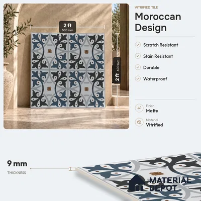 Moroccan Floor & Wall Tile TL 03328 Disney Azure 2 ft x 2 ft Carving Matte Finish Vitrified Tile - 9 mm | Please Expect a Slight Variation of Pattern | Suitable For Kitchen, Bathroom, Foyer