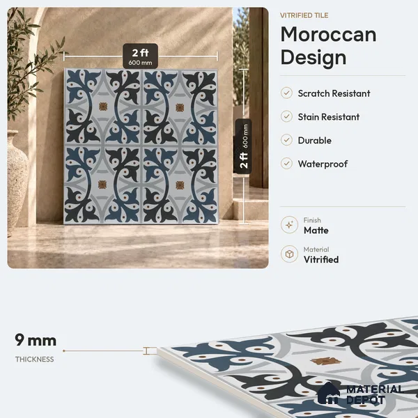 Moroccan Floor & Wall Tile TL 03328 Disney Azure 2 ft x 2 ft Carving Matte Finish Vitrified Tile - 9 mm | Please Expect a Slight Variation of Pattern | Suitable For Kitchen, Bathroom, Foyer