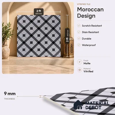 Moroccan Floor & Wall Tile TL 03329 Dolce Grigio 2 ft x 2 ft Carving Matte Finish Vitrified Tile - 9 mm | Please Expect a Slight Variation of Pattern | Suitable For Kitchen, Bathroom, Dining Area