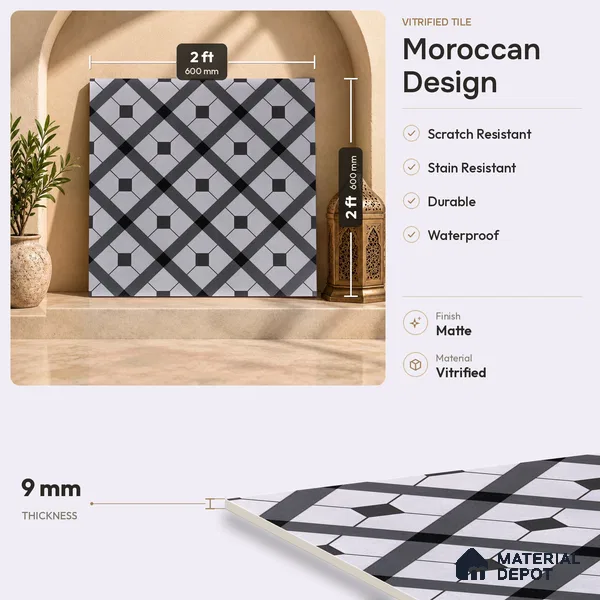 Moroccan Floor & Wall Tile TL 03329 Dolce Grigio 2 ft x 2 ft Carving Matte Finish Vitrified Tile - 9 mm | Please Expect a Slight Variation of Pattern | Suitable For Kitchen, Bathroom, Dining Area