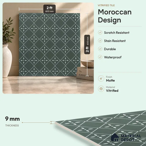 TL 03342 Fontana Green 2 ft x 2 ft Carving Matte Finish Vitrified Tile - 9 mm | Please Expect a Slight Variation of Pattern | Suitable For Kitchen, Balcony, Dining Area