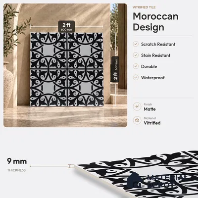 Moroccan Floor & Wall Tile TL 03344 Fresco Black 2 ft x 2 ft Carving Matte Finish Vitrified Tile - 9 mm | Please Expect a Slight Variation of Pattern | Suitable For Kitchen, Balcony, Dining Area