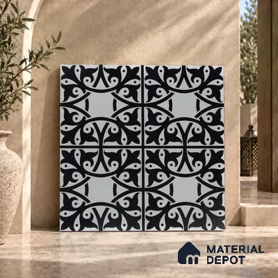 Moroccan Floor & Wall Tile TL 03344 Fresco Black 2 ft x 2 ft Carving Matte Finish Vitrified Tile - 9 mm | Please Expect a Slight Variation of Pattern | Suitable For Kitchen, Balcony, Dining Area