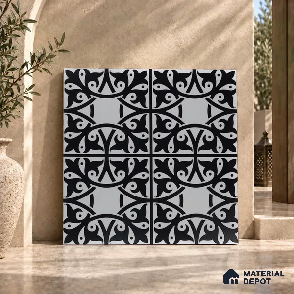Moroccan Floor & Wall Tile TL 03344 Fresco Black 2 ft x 2 ft Carving Matte Finish Vitrified Tile - 9 mm | Please Expect a Slight Variation of Pattern | Suitable For Kitchen, Balcony, Dining Area