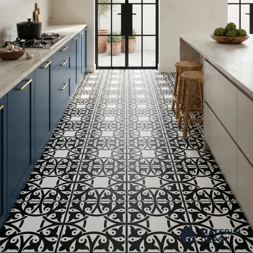 Moroccan Floor & Wall Tile TL 03344 Fresco Black 2 ft x 2 ft Carving Matte Finish Vitrified Tile - 9 mm | Please Expect a Slight Variation of Pattern | Suitable For Kitchen, Balcony, Dining Area