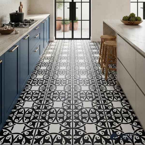 Moroccan Floor & Wall Tile TL 03344 Fresco Black 2 ft x 2 ft Carving Matte Finish Vitrified Tile - 9 mm | Please Expect a Slight Variation of Pattern | Suitable For Kitchen, Balcony, Dining Area