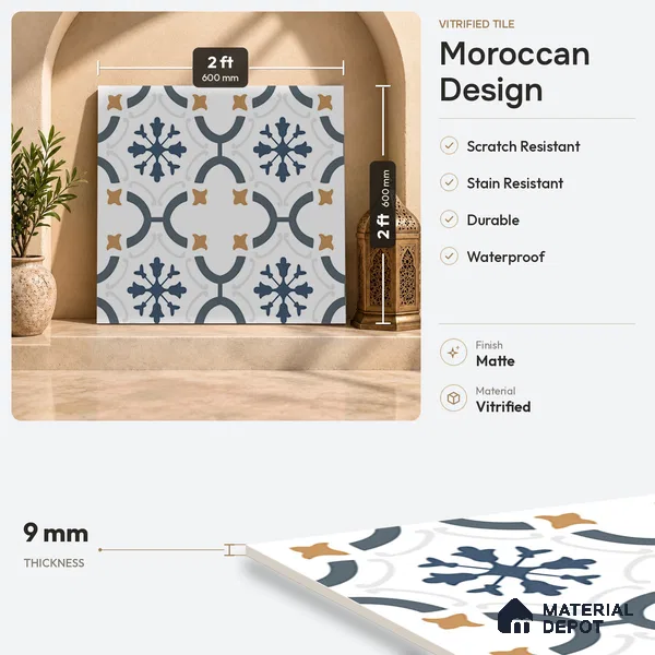 Moroccan Floor & Wall Tile TL 03346 Greek Vase 2 ft x 2 ft Carving Matte Finish Vitrified Tile - 9 mm | Suitable For Kitchen, Accent/Feature Wall, Dining Area