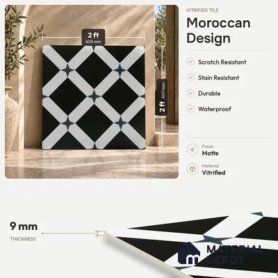 Moroccan Floor & Wall Tile TL 03353 Mistero Monochrome 2 ft x 2 ft Carving Matte Finish Vitrified Tile - 9 mm | Suitable For Kitchen, Bathroom, Balcony | Please Expect a Slight Variation of Pattern