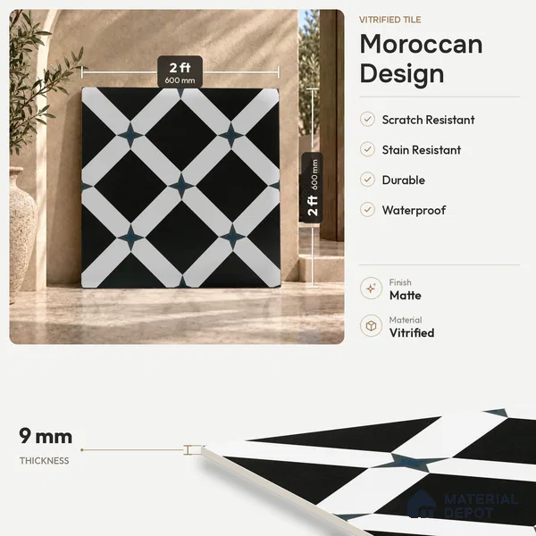 Moroccan Floor & Wall Tile TL 03353 Mistero Monochrome 2 ft x 2 ft Carving Matte Finish Vitrified Tile - 9 mm | Suitable For Kitchen, Bathroom, Balcony | Please Expect a Slight Variation of Pattern